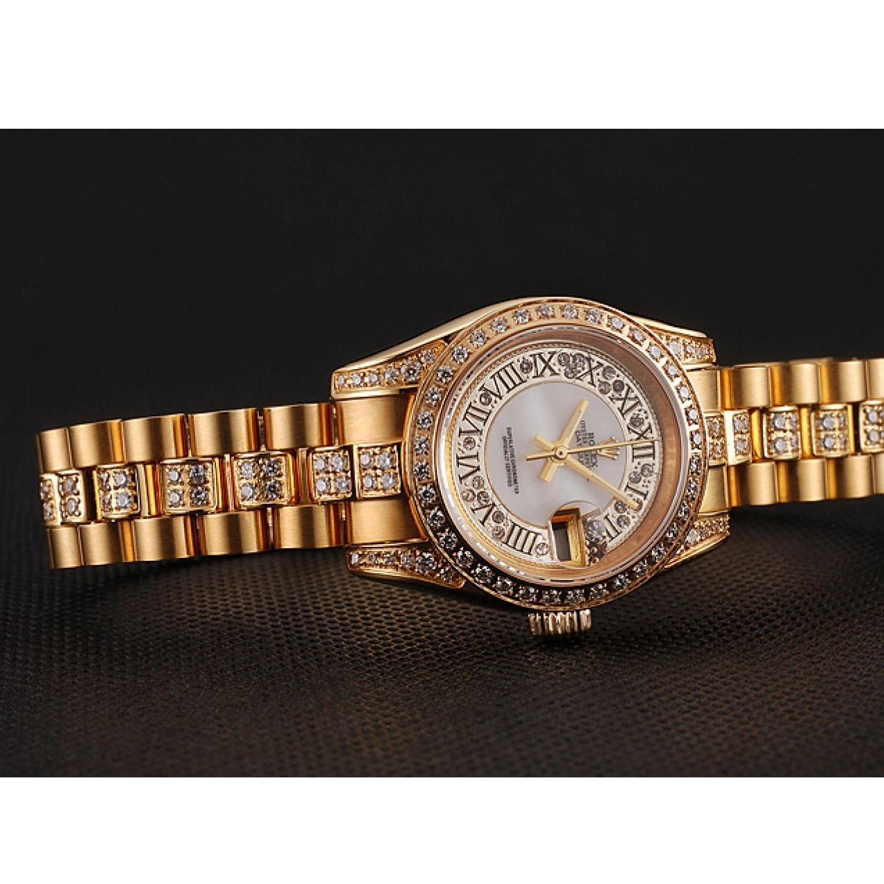 Aaa replica watch Diamond Swiss 1453957 Pave White Dial Bracelet DayJust Rolex Diamond Gold 0625